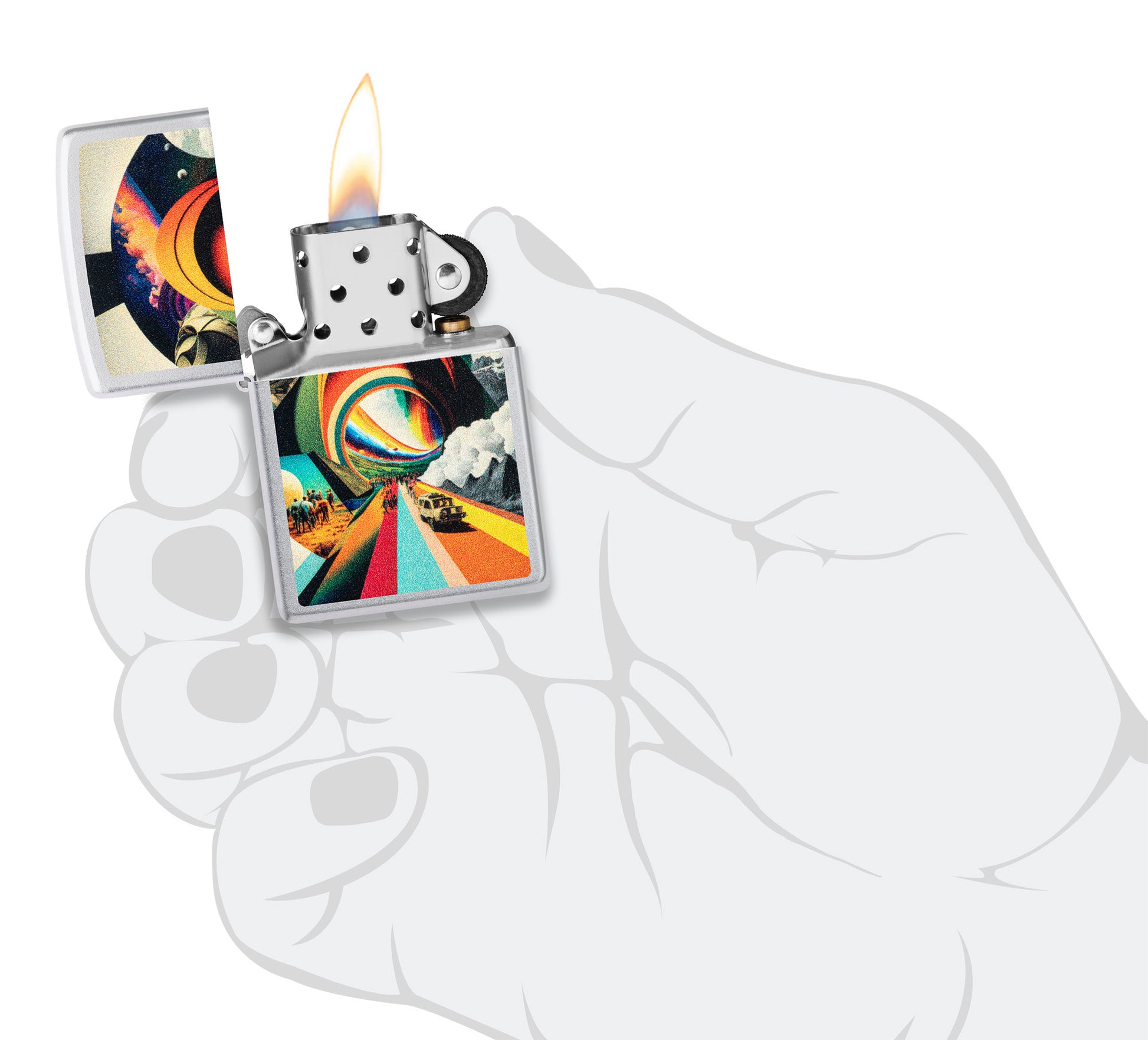 Zippo Trippy Travel Design Satin Chrome Windproof Lighter lit in hand.