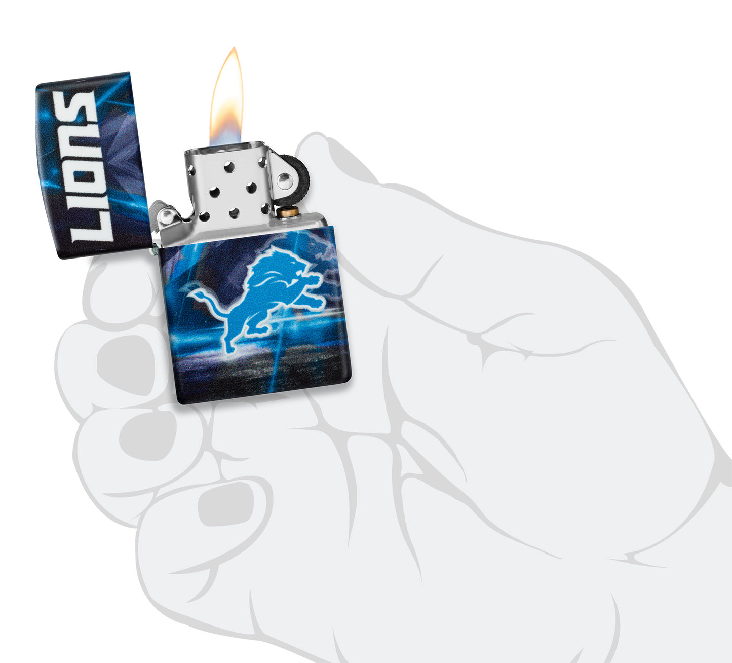 Zippo NFL Detroit Lions 540 Matte Windproof Lighter lit in hand.