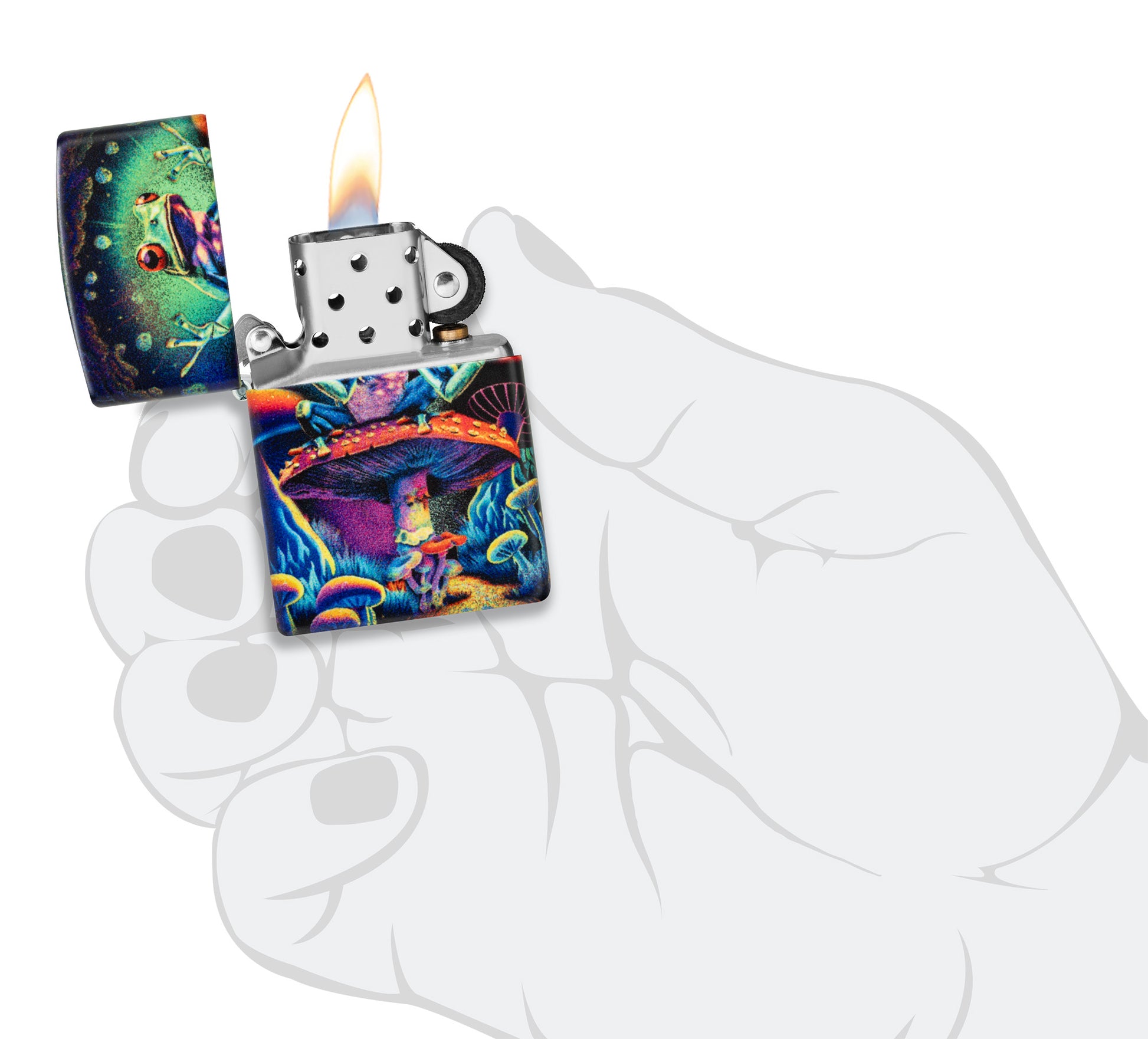 Zippo Zen Frog Design Glow in the Dark Matte Windproof Lighter lit in hand.