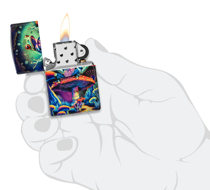 Zippo Zen Frog Design Glow in the Dark Matte Windproof Lighter lit in hand.