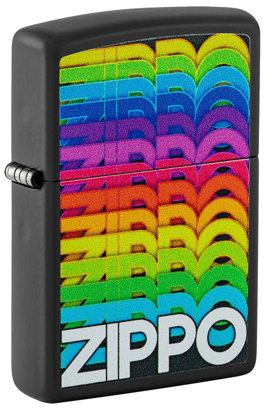 Front shot of Zippo Techno Design Black Matte Windproof Lighter standing at a 3/4 angle.