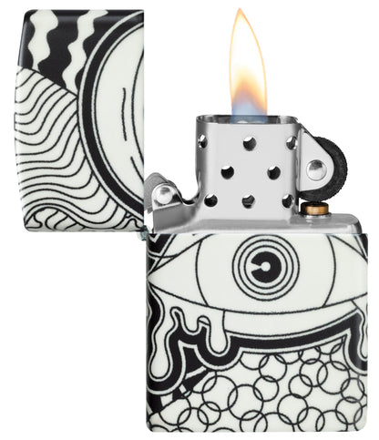 Zippo Vision Test Design Glow in the Dark Windproof Lighter with its lid open and lit.