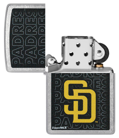 Zippo MLB® San Diego Padres Street Chrome Windproof Lighter with its lid open and unlit.