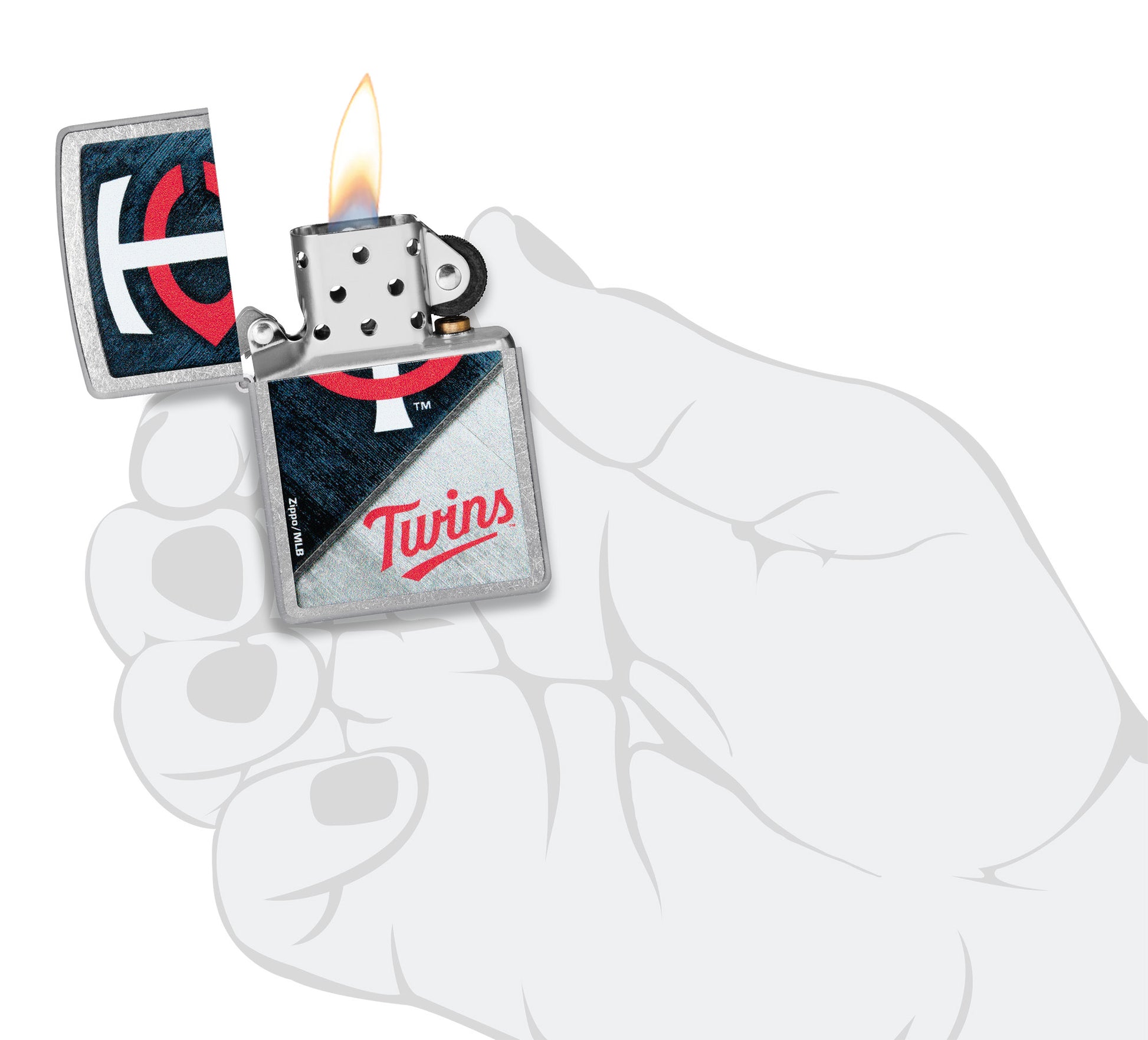 MLB® Minnesota Twins™ Street Chrome™ Windproof Lighter lit in hand.