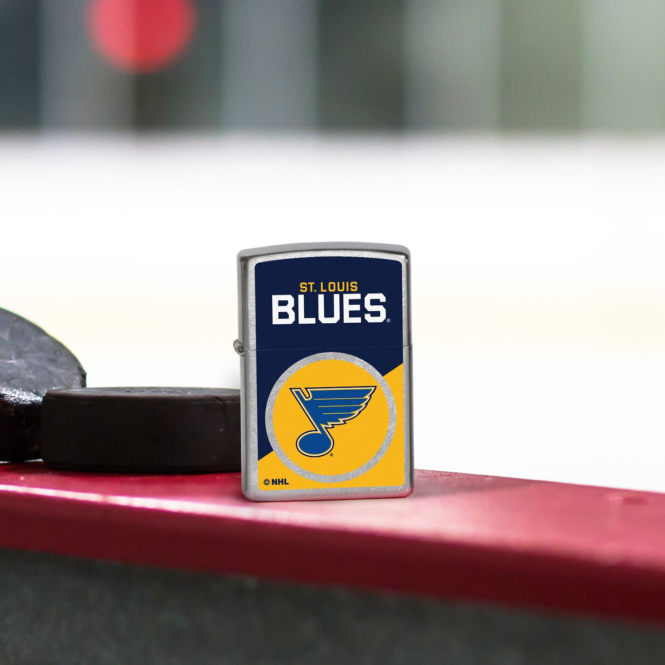 Front view of Zippo NHL® St. Louis Blues® 2024 Street Chrome™ Windproof Lighter.