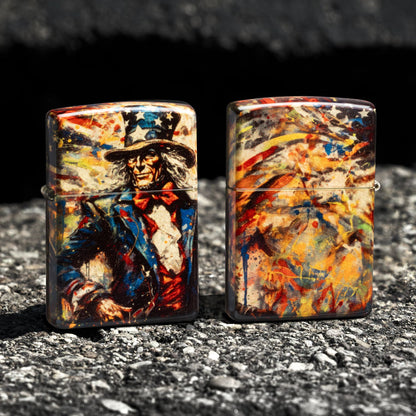 Lifestyle image of two Zippo Uncle Sam Fusion Design 540 Tumbled Brass Windproof Lighters; one showing the front of the lighter while the other is showing the back of the lighter, both standing on a paved surface.

