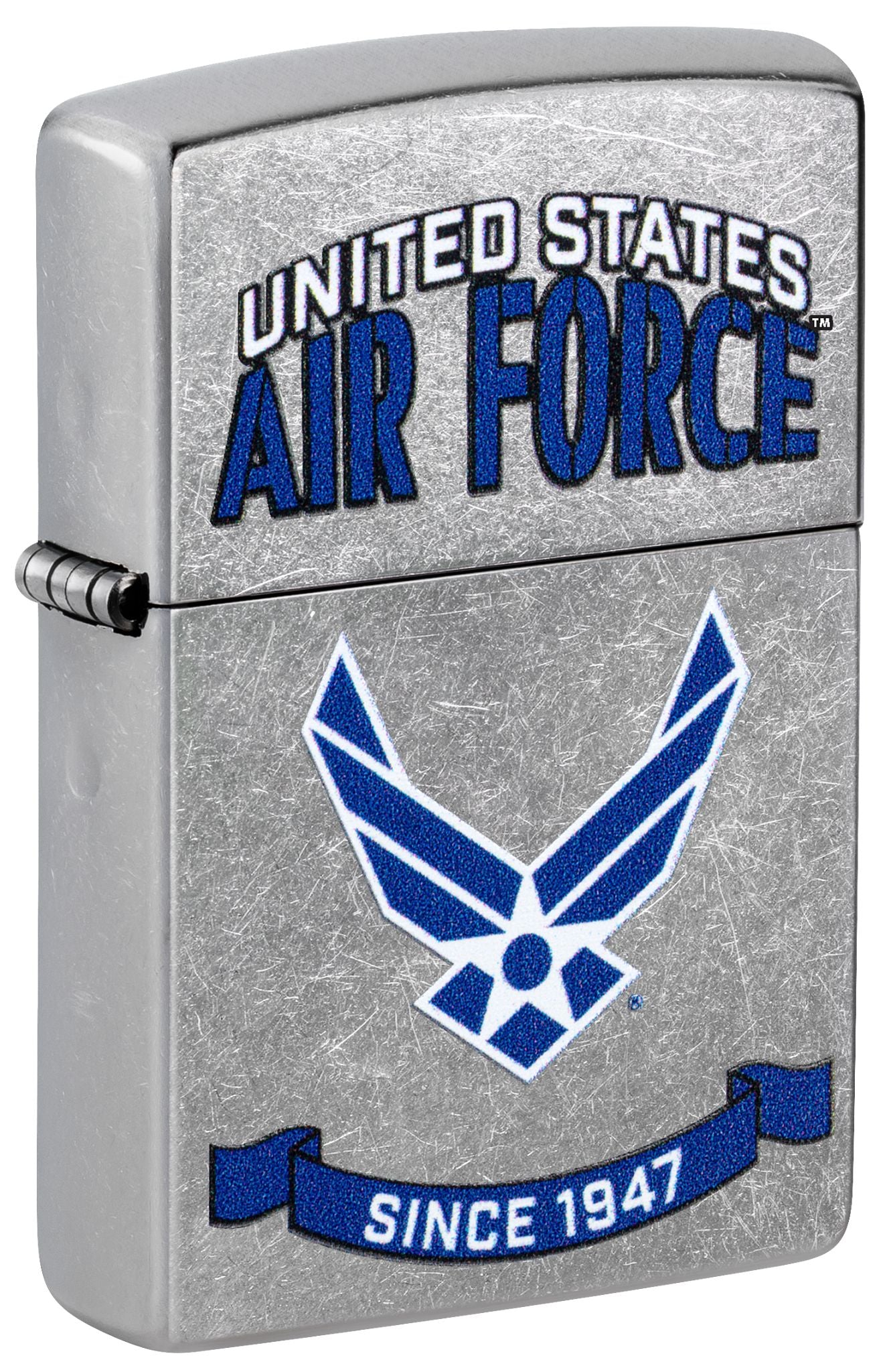 Front shot of Zippo U.S. Air Force™ Banner Design Street Chrome Windproof Lighter standing at a 3/4 angle.