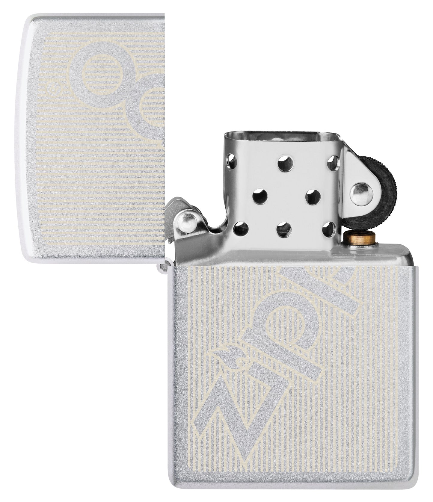 Pinstripe Zippo Design Windproof Lighter with its lid open and not lit.