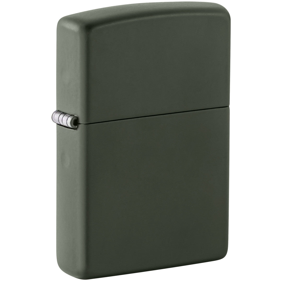 Front shot of Classic Green Matte Windproof Lighter standing at a 3/4 angle.