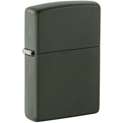 Front shot of Classic Green Matte Windproof Lighter standing at a 3/4 angle.