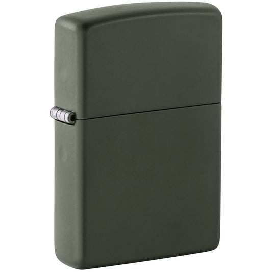 Front shot of Classic Green Matte Windproof Lighter standing at a 3/4 angle.