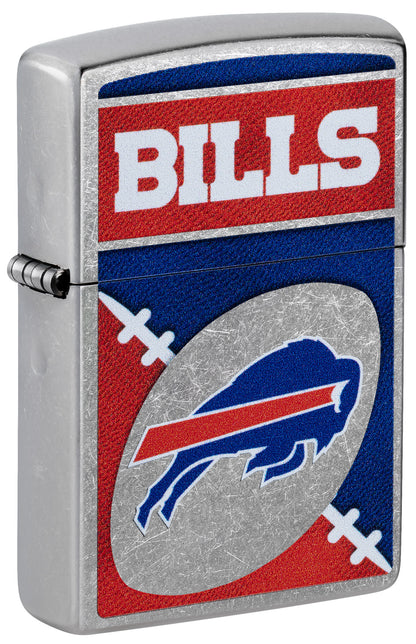 Front shot of Zippo NFL Buffalo Bills Street Chrome Windproof Lighter standing at a 3/4 angle.