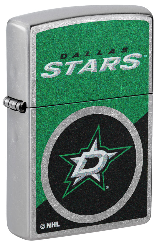 Front shot of Zippo NHL® Dallas Stars® 2024 Street Chrome™ Windproof Lighter standing at a 3/4 angle.