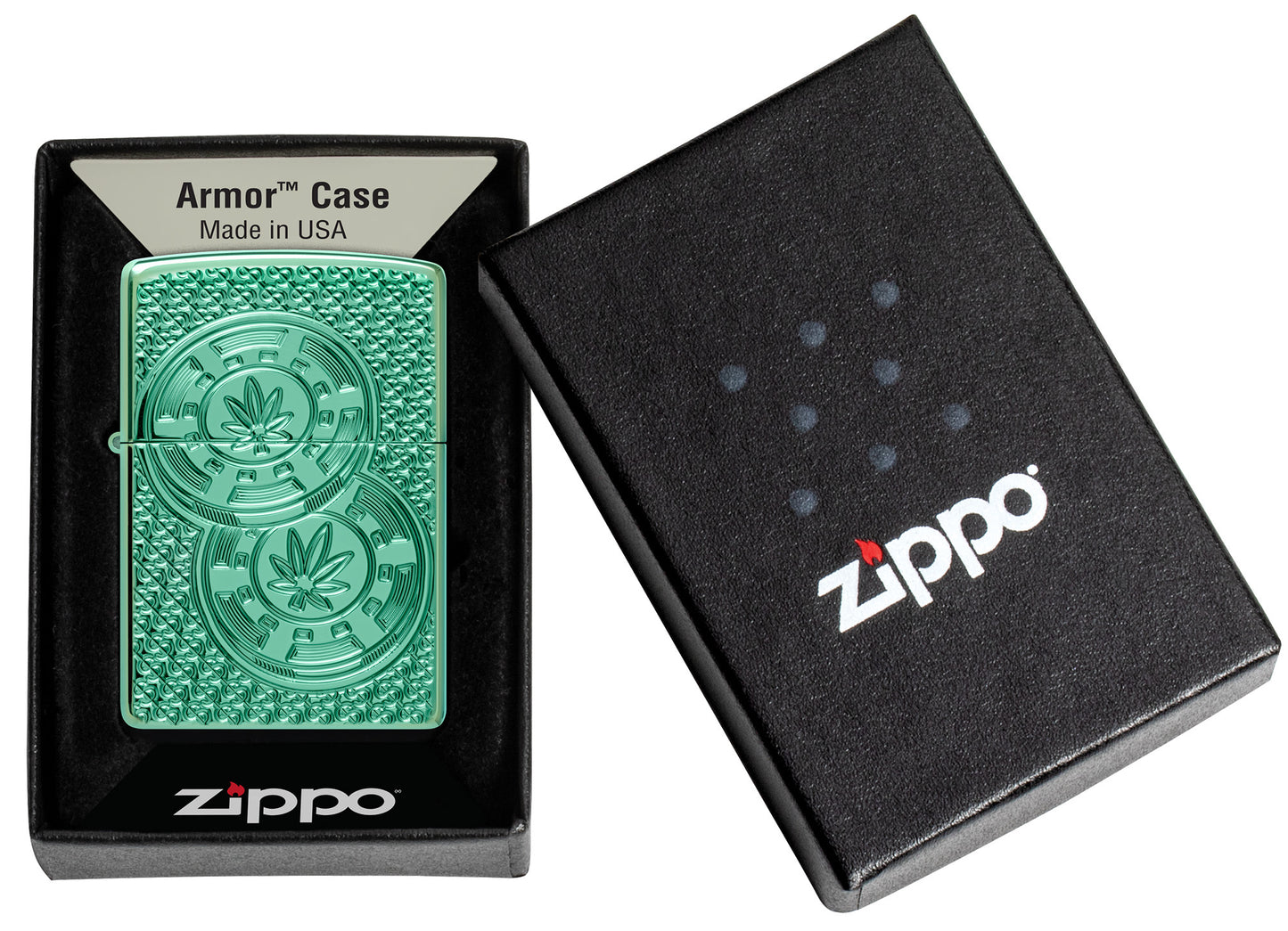 Zippo Cannabis Chips Design Armor High Polish Green Windproof Lighter in its packaging.