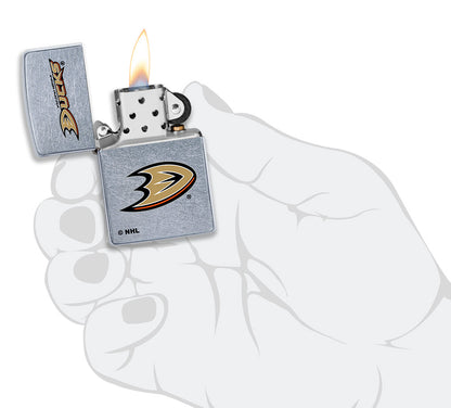 NHL Anaheim Ducks Street Chrome™ Windproof Lighter lit in hand