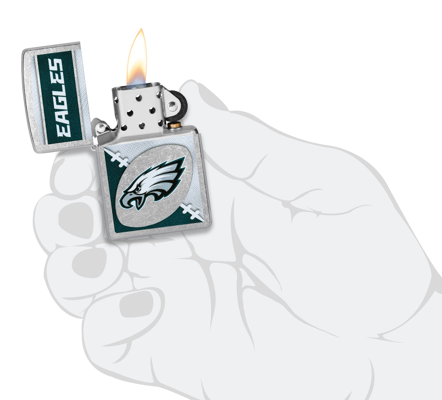 Zippo NFL Philadelphia Eagles Street Chrome Windproof Lighter lit in hand.