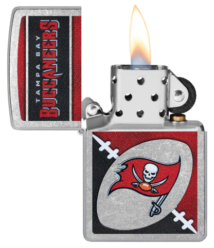 Zippo NFL Tampa Bay Buccaneers Street Chrome Windproof Lighter with its lid open and lit.