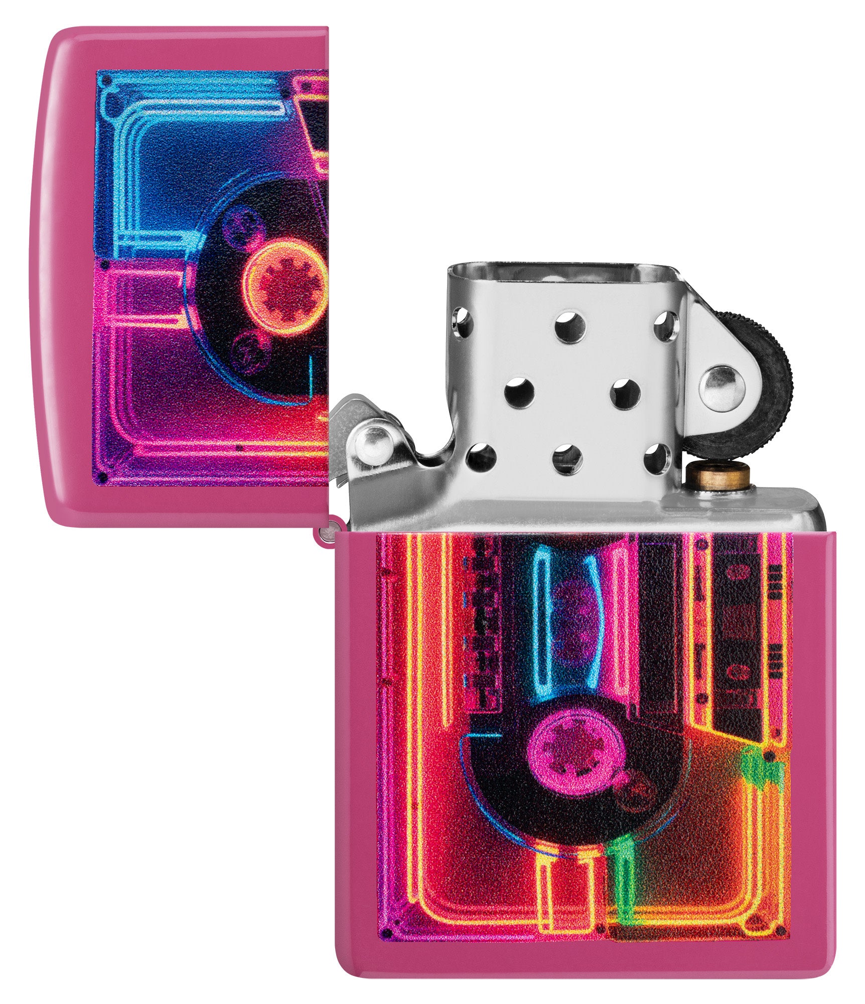 Zippo Neon Cassette Design Frequency Windproof Lighter with its lid open and unlit.