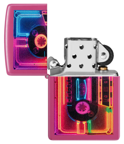 Zippo Neon Cassette Design Frequency Windproof Lighter with its lid open and unlit.