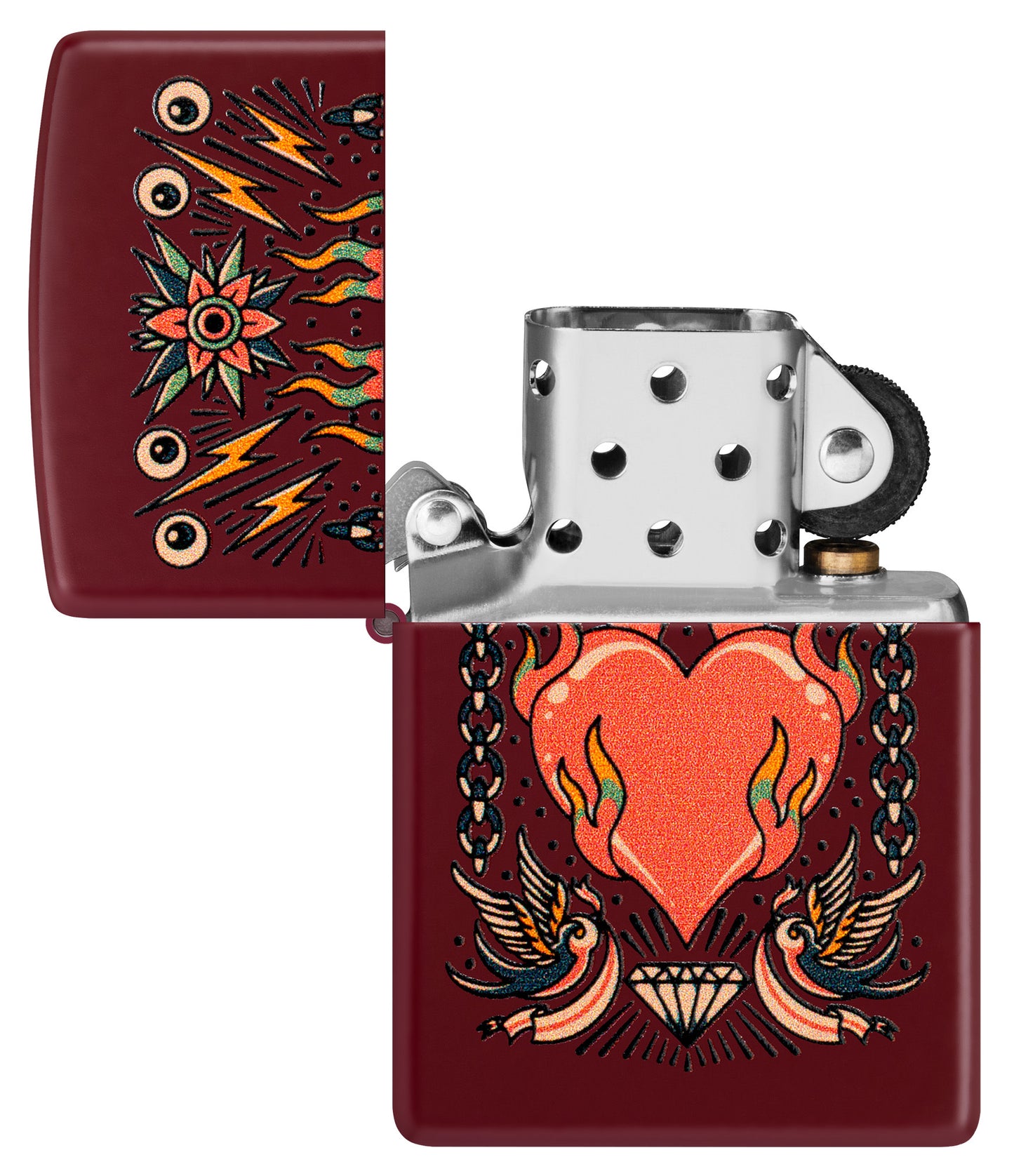 Zippo Tattoo Heart Design Merlot Windproof Lighter with its lid open and unlit.