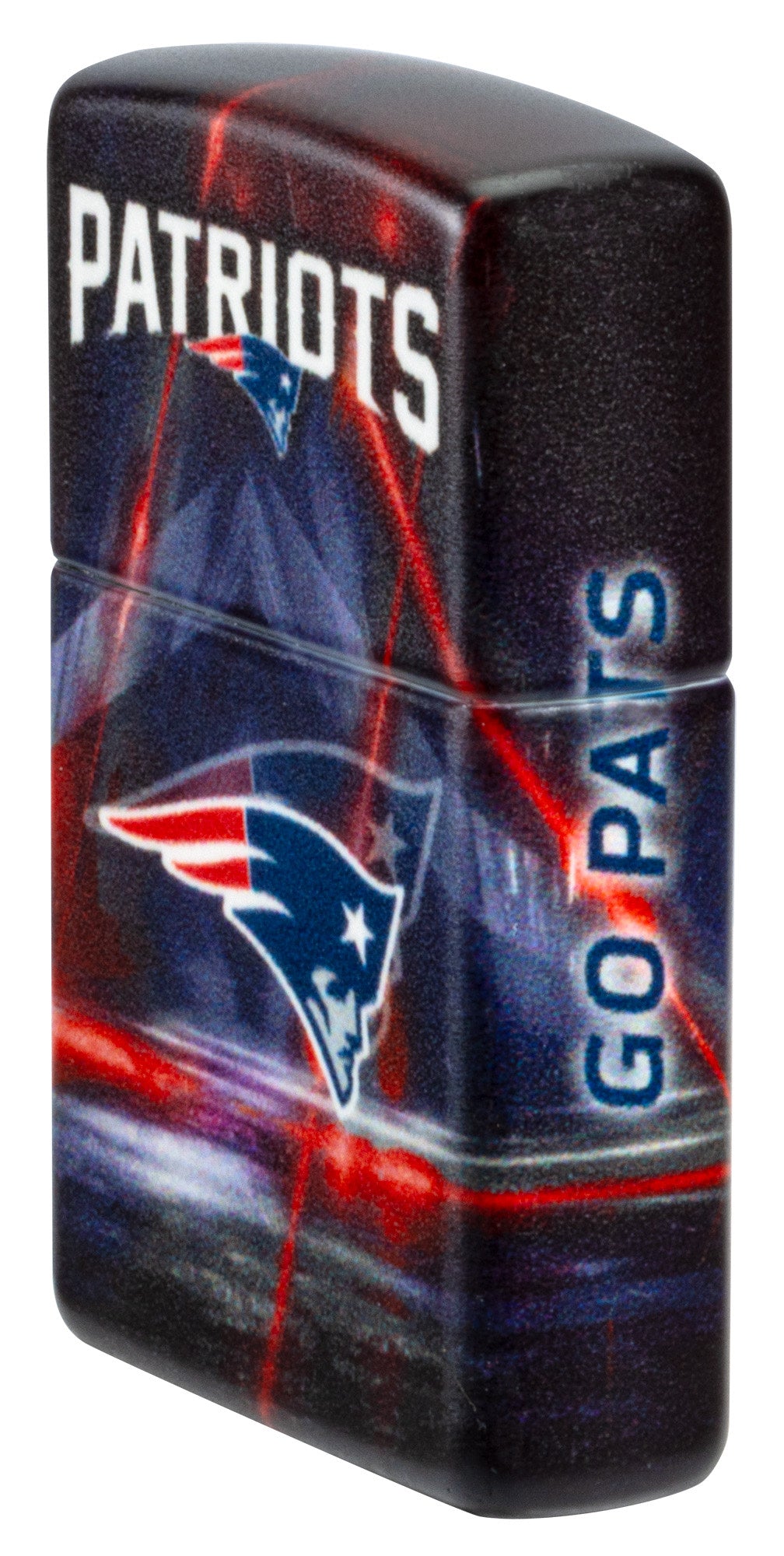 Angled shot of Zippo NFL New England Patriots 540 Matte Windproof Lighter showing the front and right sides of the lighter.