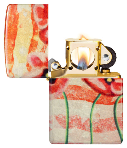 Zippo American Poppie Design 540 Fusion Windproof Lighter with its lid open and pipe insert lit.