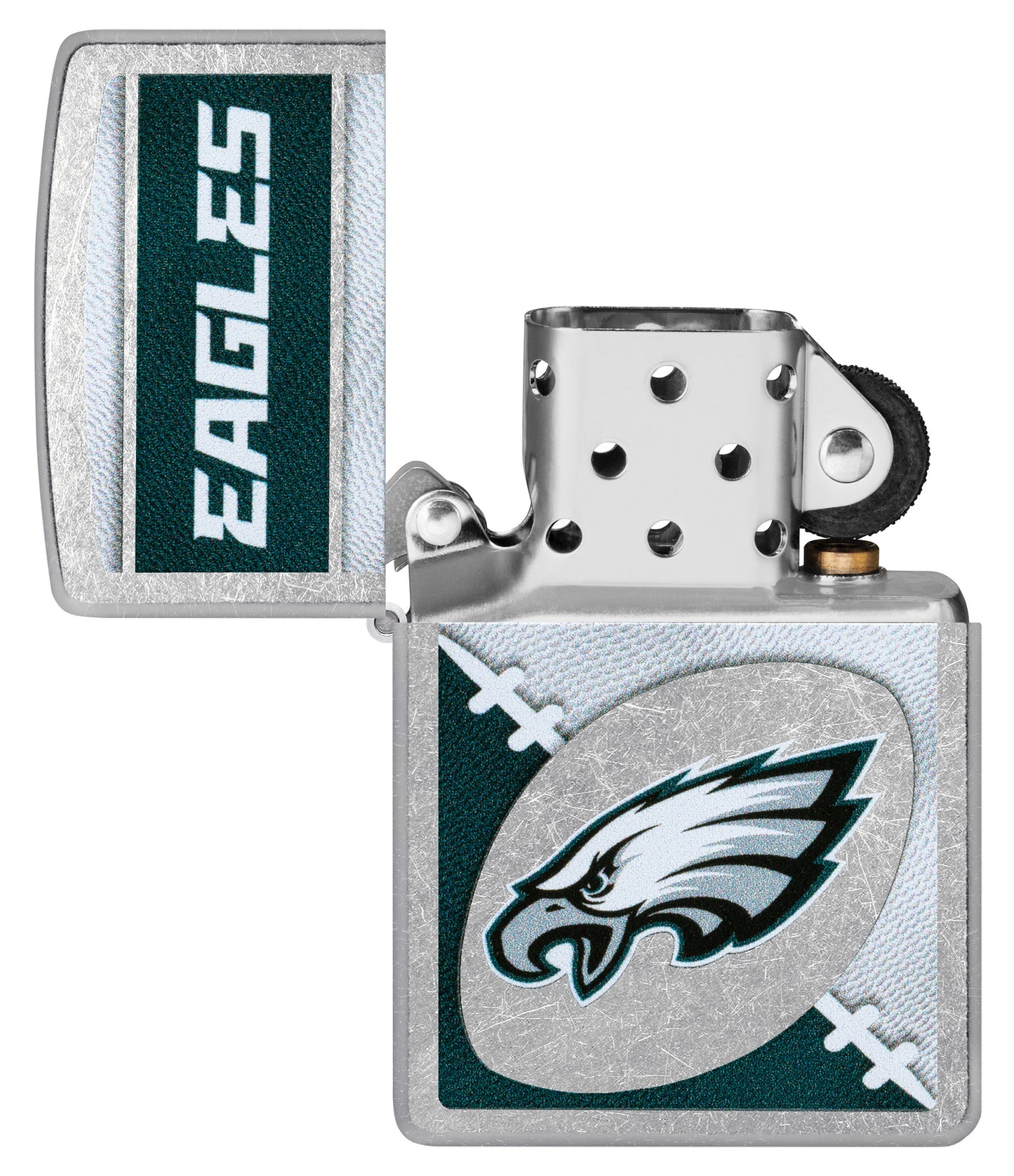 Zippo NFL Philadelphia Eagles Street Chrome Windproof Lighter with its lid open and unlit.