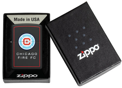 Front view of Zippo Chicago Fire FC Windproof Lighter packaging.
