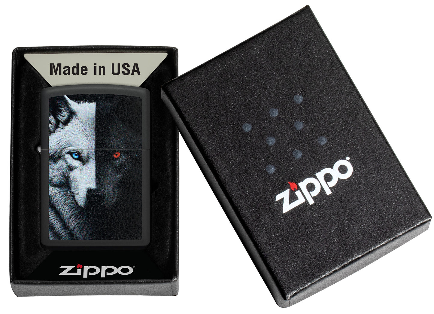 Zippo Two Wolves Design Black Matte Windproof Lighter in its packaging.