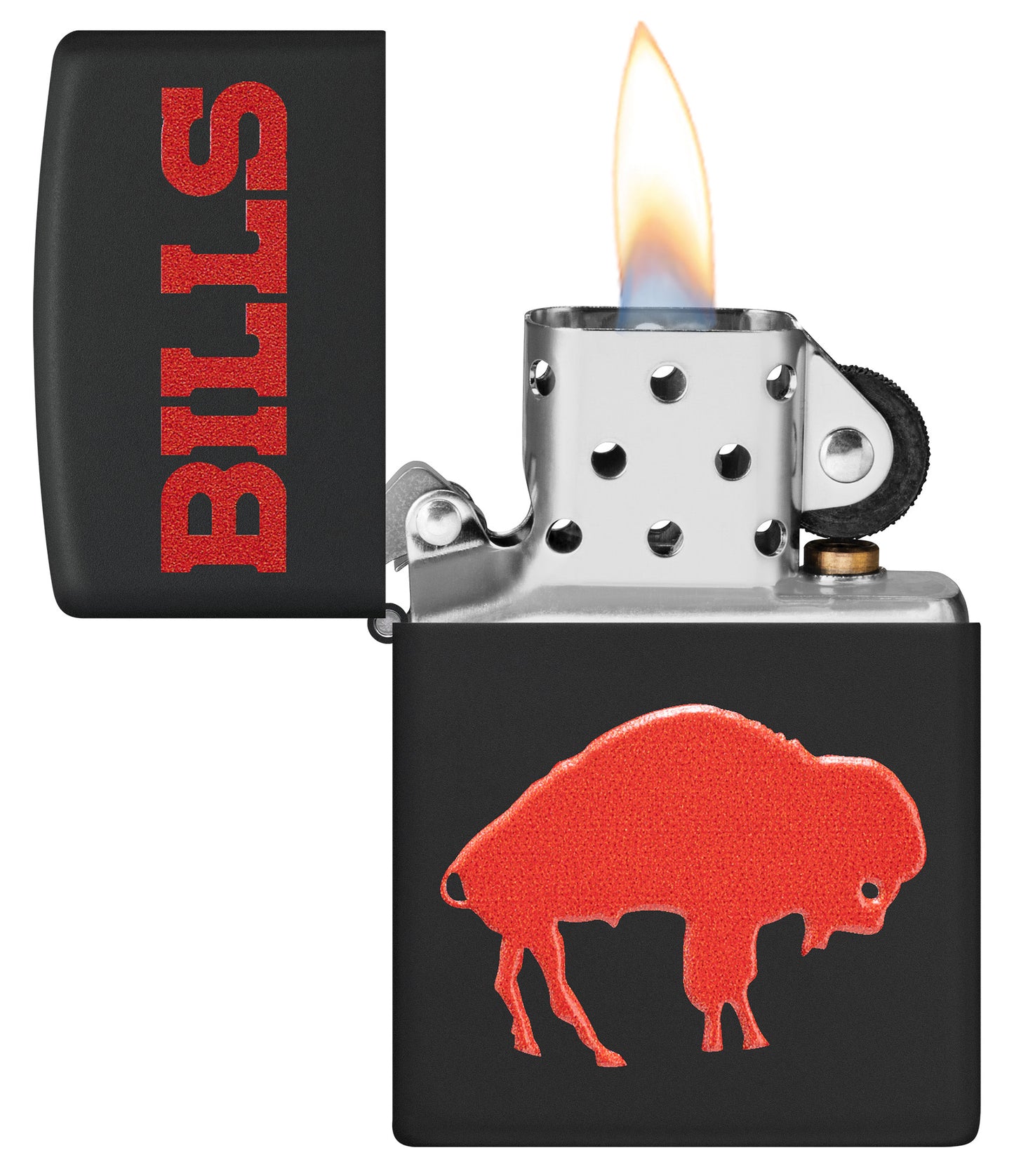 Zippo 2024 NFL Buffalo Bills Exclusive Black Matte Windproof Lighter with its lid open and lit.