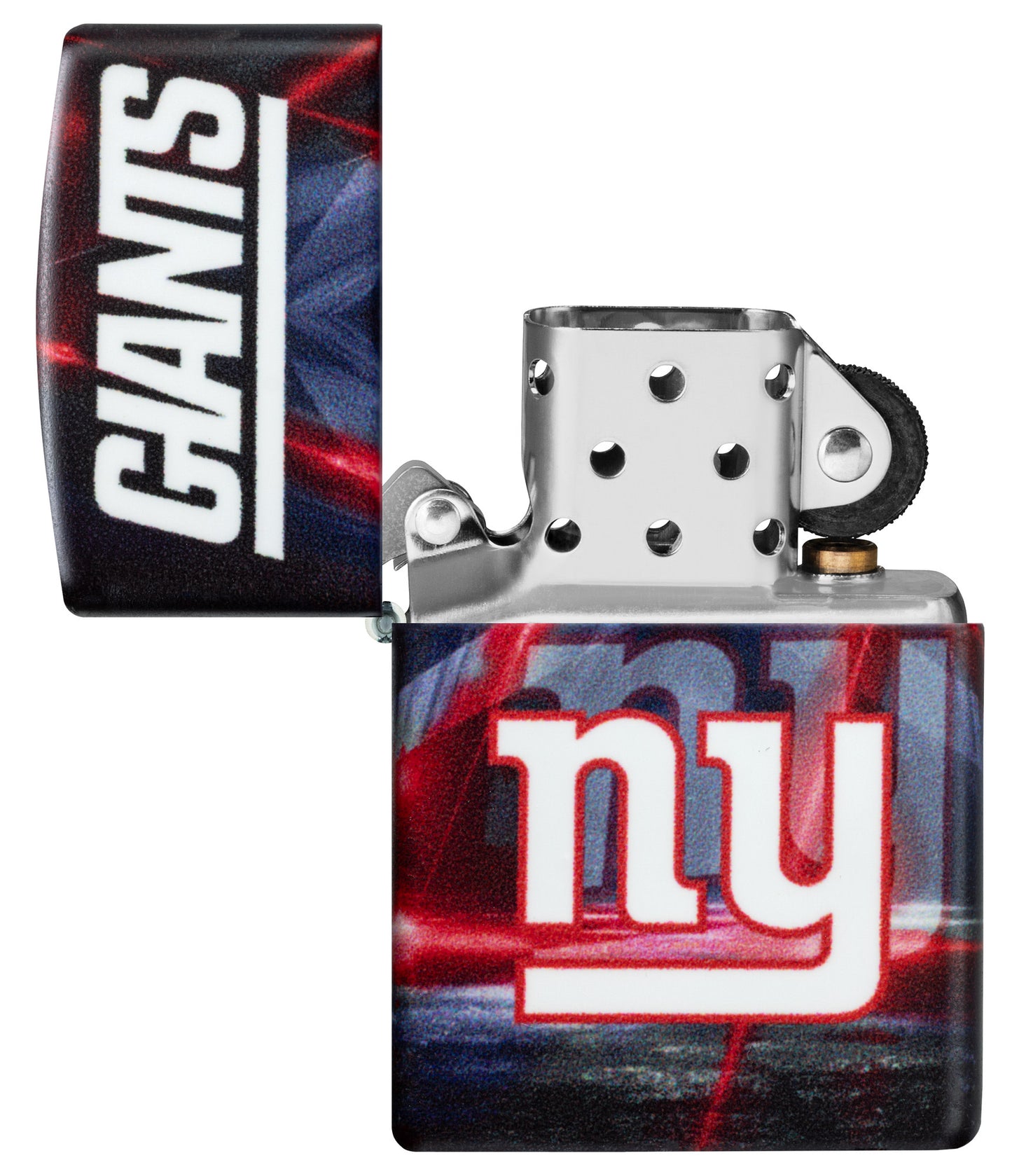 Zippo NFL New York Giants 540 Matte Windproof Lighter with its lid open and unlit.