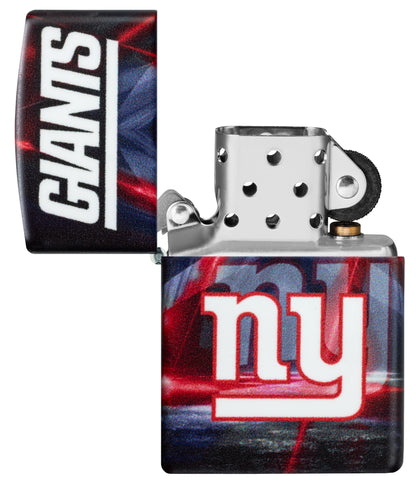 Zippo NFL New York Giants 540 Matte Windproof Lighter with its lid open and unlit.