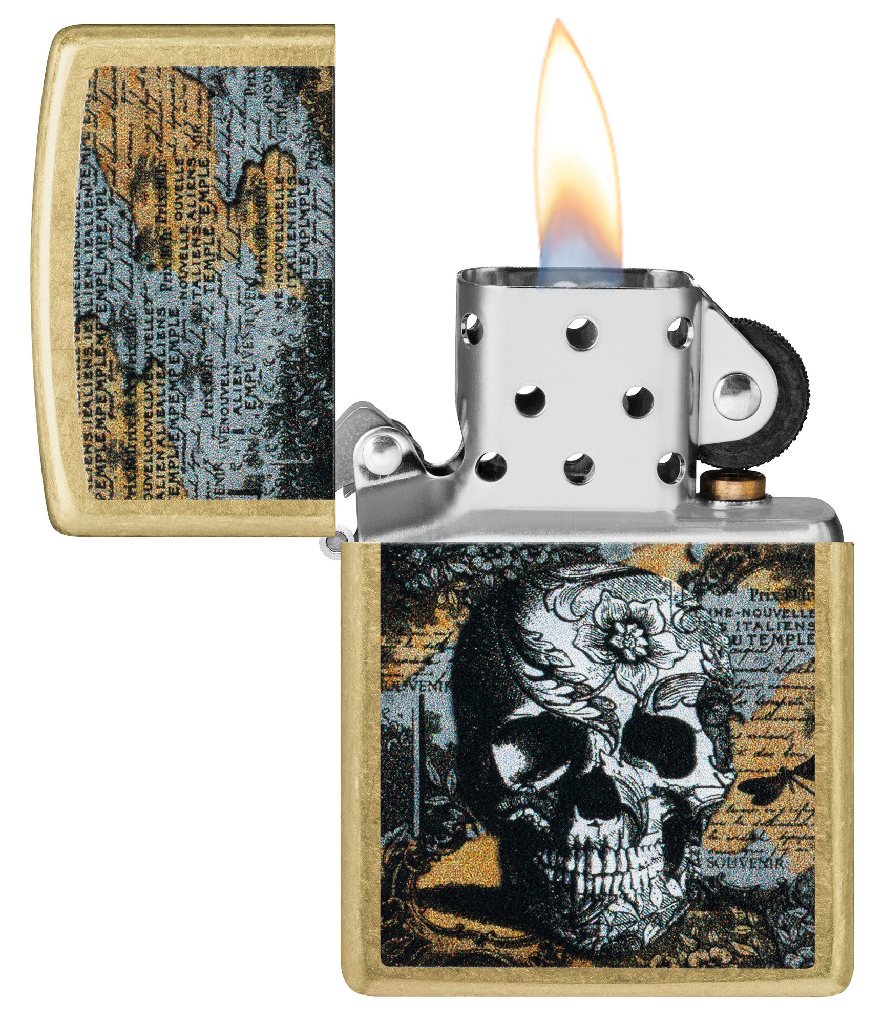 Zippo Floral Skull Design Street Brass Windproof Lighter with its lid open and lit.