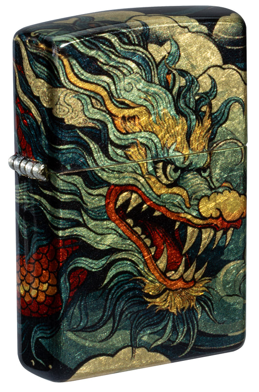 Front shot of Zippo Dragon Fusion Design 540 Tumbled Brass Windproof Lighter standing at a 3/4 angle.