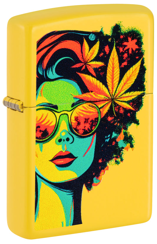 Front shot of Zippo Blazing Beauty Design Sunflower Windproof Lighter standing at a 3/4 angle.