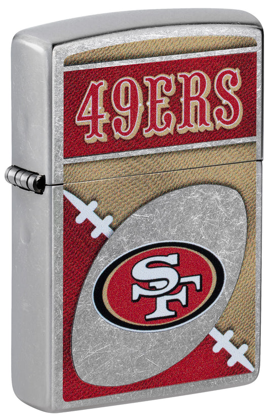 Front shot of Zippo NFL San Francisco 49ers Street Chrome Windproof Lighter standing at a 3/4 angle.