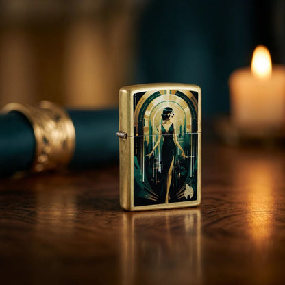 Lifestyle image of Zippo Fancy Flapper Design Street Brass Windproof Lighter standing on a wooden table with a white lit candle and gold napkin ring wrapped around a dark blue napkin showing the front and hinge side of the lighter.

