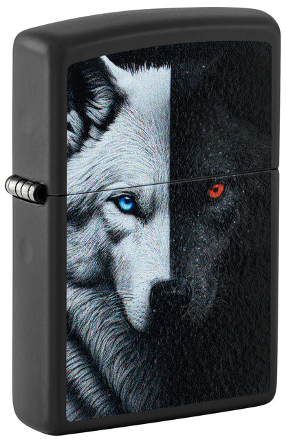 Front shot of Zippo Two Wolves Design Black Matte Windproof Lighter standing at a 3/4 angle.