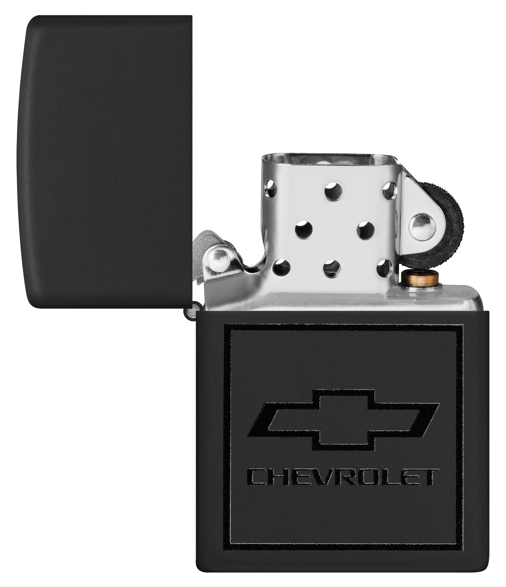 Zippo Chevrolet® Bowtie Design Black Matte Windproof Lighter with its lid open and unlit.