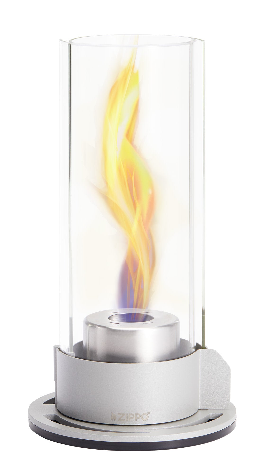 Front view of Zippo FlameScapes™ Spiral Fire Feature in silver lit.