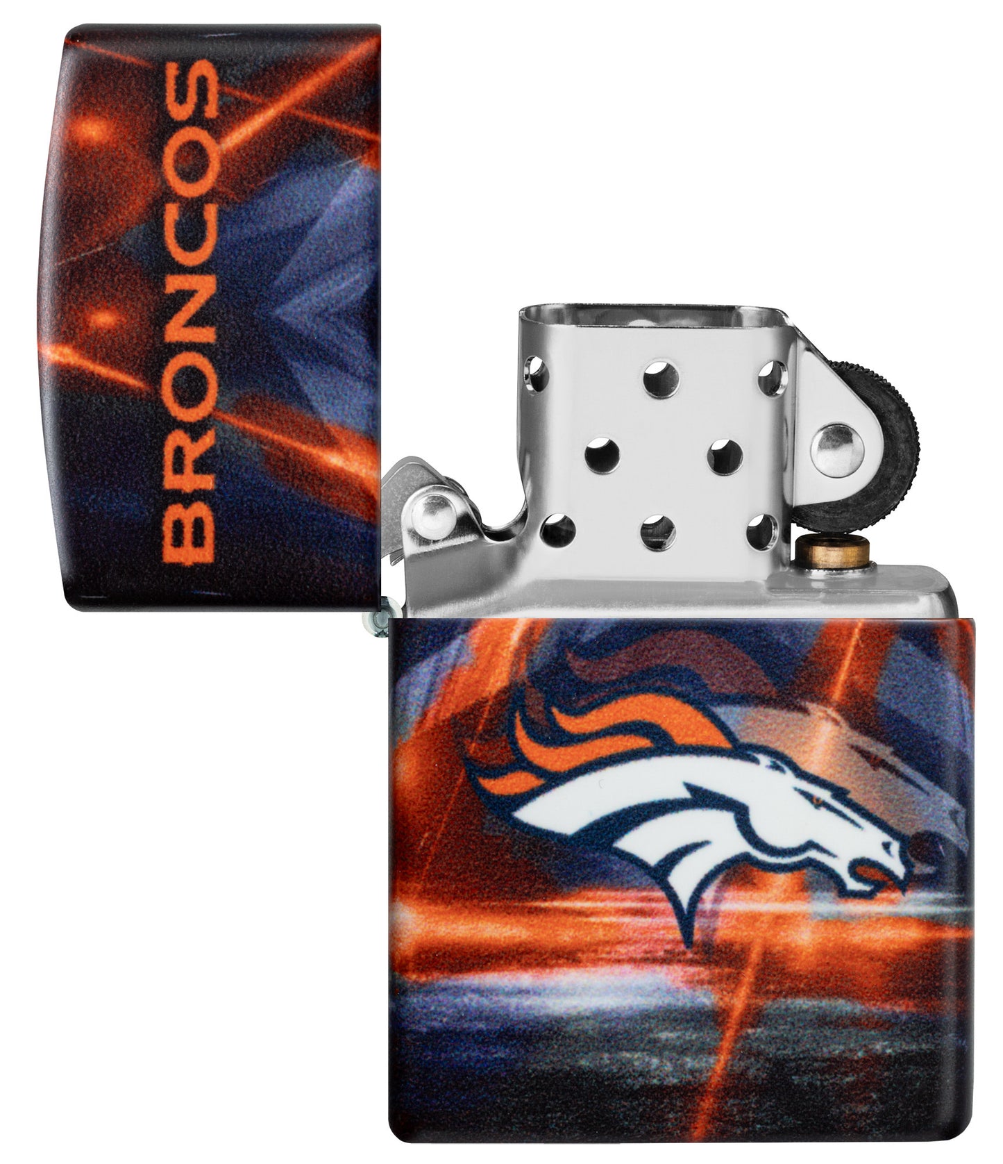 Zippo NFL Denver Broncos 540 Matte Windproof Lighter with its lid open and unlit.