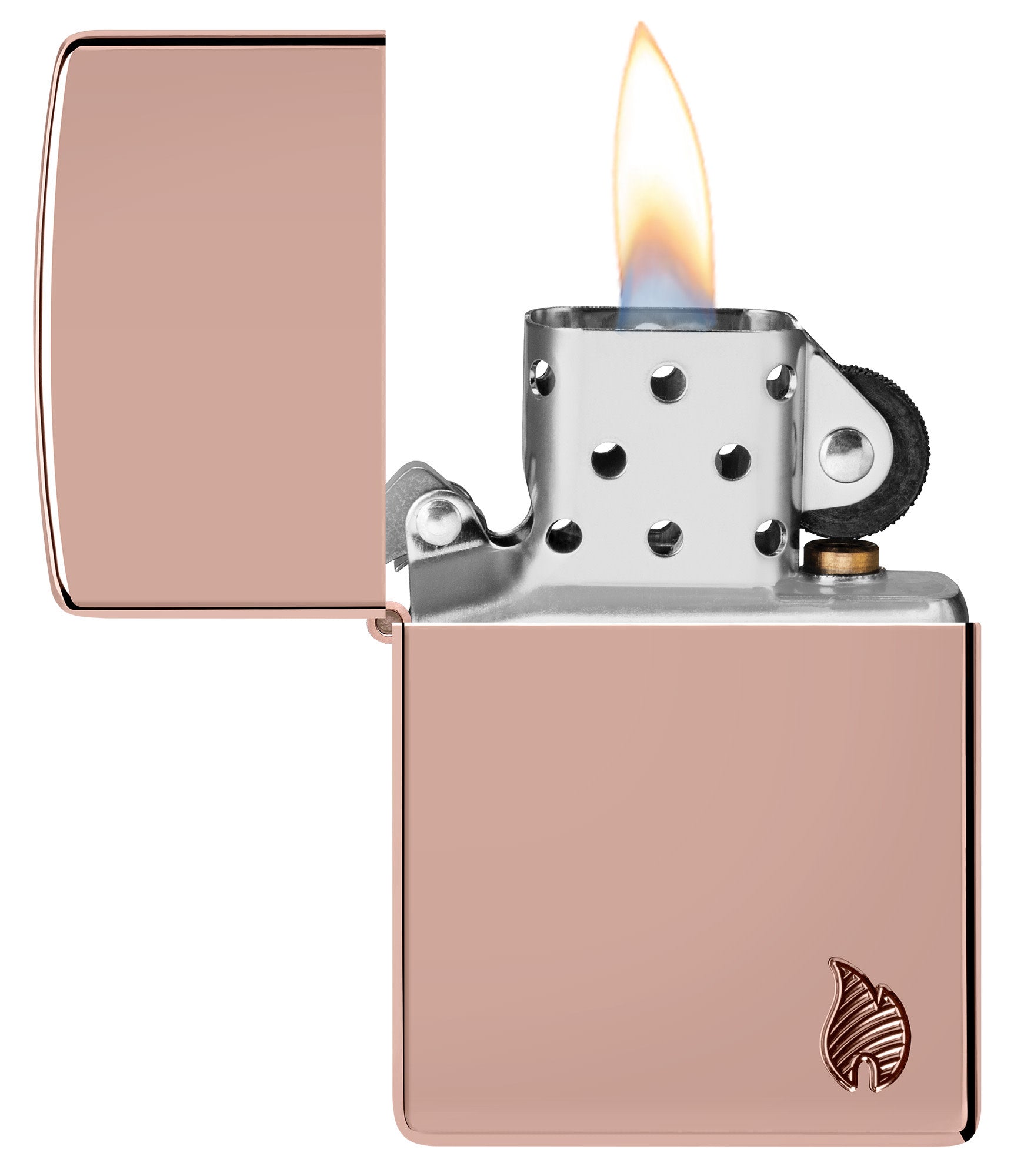 Zippo Armor® Series Flame High Polish Rose Gold Windproof Lighter with its lid open and lit.