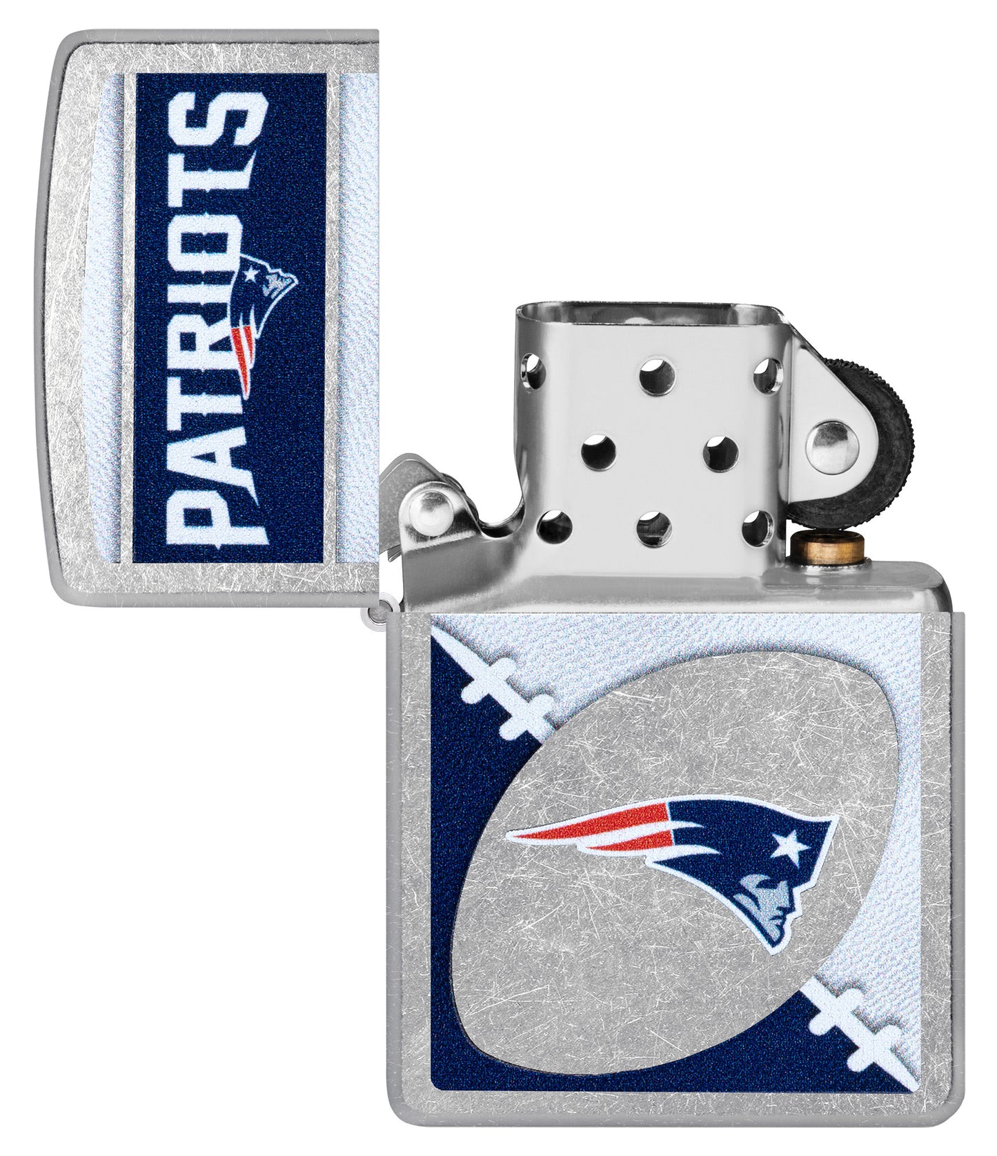 Zippo NFL New England Patriots Street Chrome Windproof Lighter with its lid open and unlit.