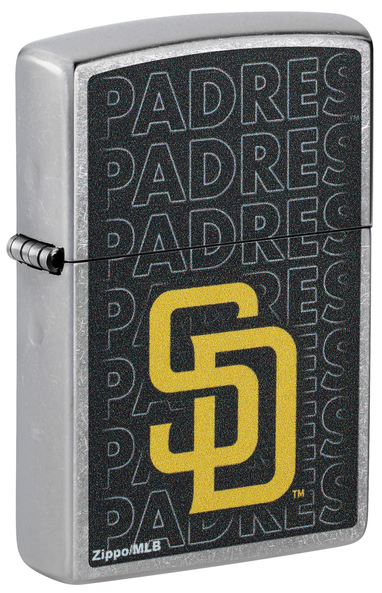 Front shot of Zippo MLB® San Diego Padres Street Chrome Windproof Lighter standing at a 3/4 angle.