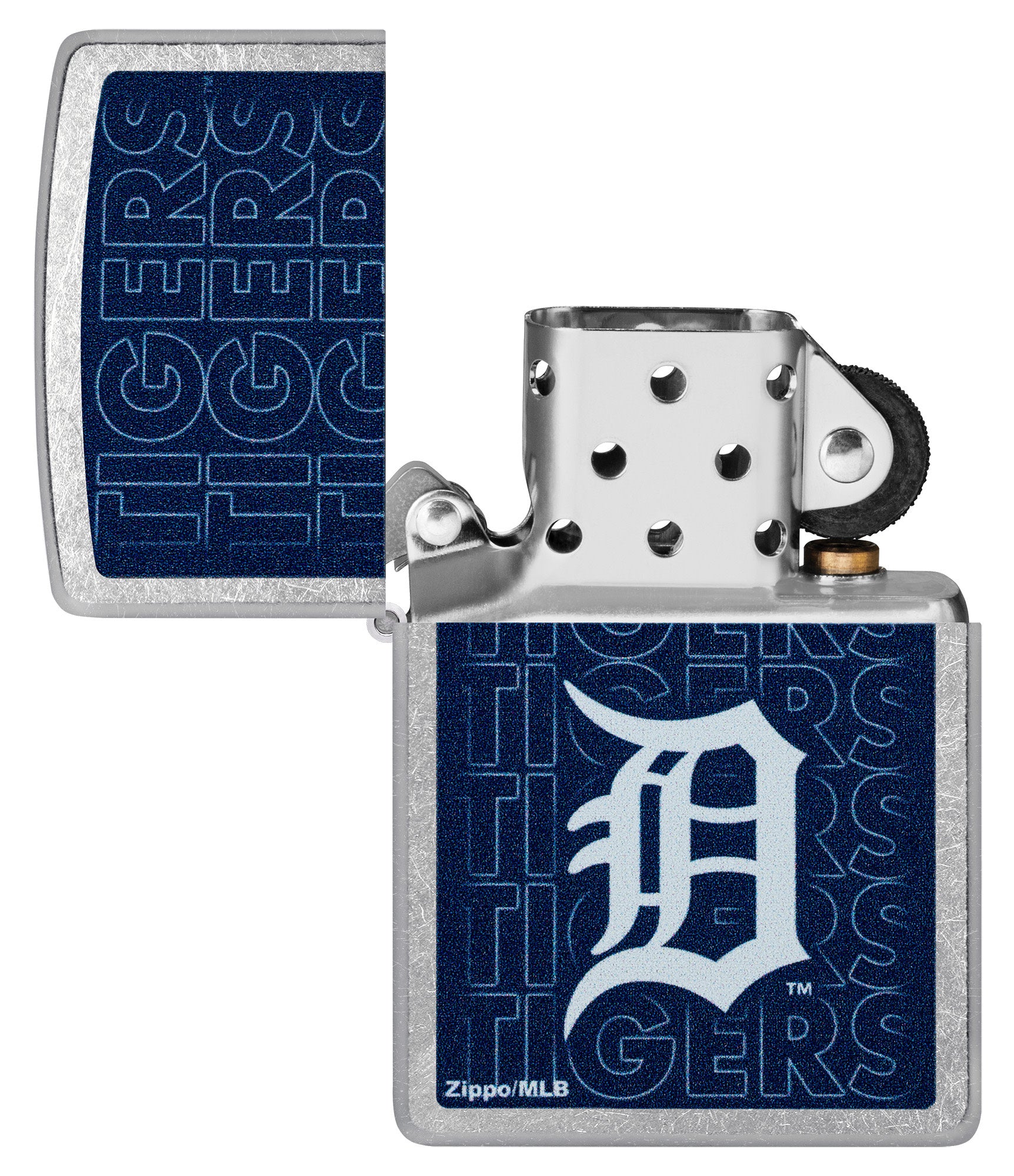 Zippo MLB® Detroit Tigers Street Chrome Windproof Lighter with its lid open and unlit.