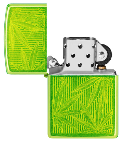 Zippo Iced Cannabis Design Lurid Windproof Lighter with its lid open and unlit.