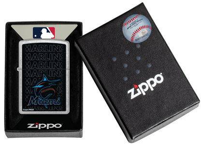 Zippo MLB® Miami Marlins Street Chrome Windproof Lighter in its packaging.