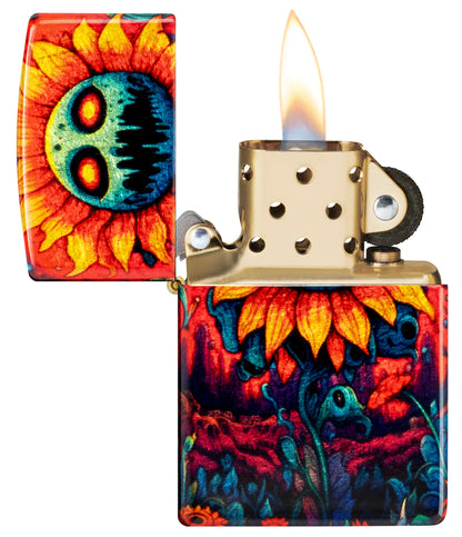 Zippo Spooky Sunflower Design 540 Tumbled Brass Windproof Lighter with its lid open and lit.