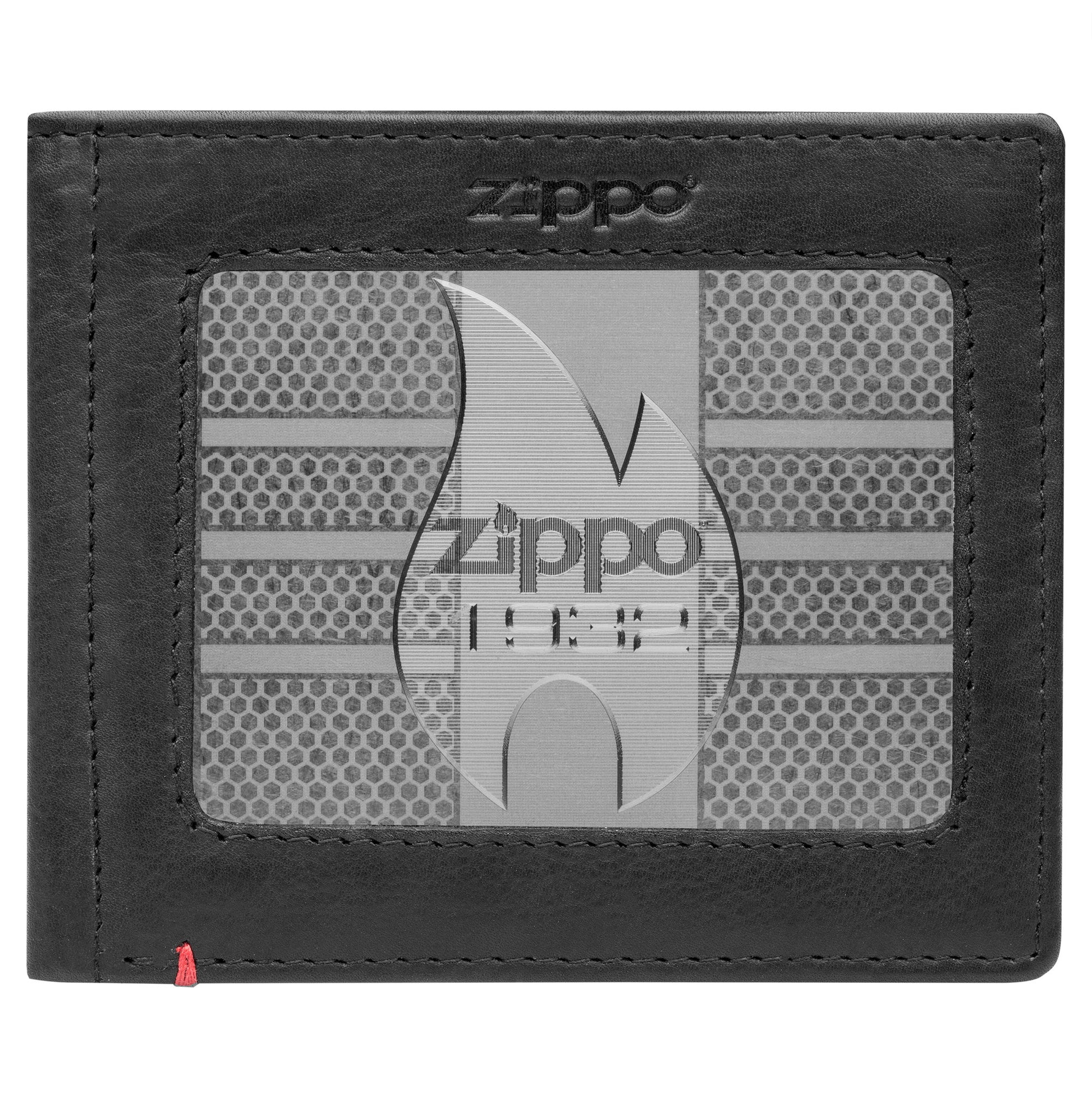 Front of black Leather Wallet With Zippo 1932 Metal Plate Design - ID Window