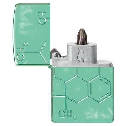 Cannabis Compound Design Windproof Lighter with its lid open and showing the Bit Safe Screwdriver USA. 